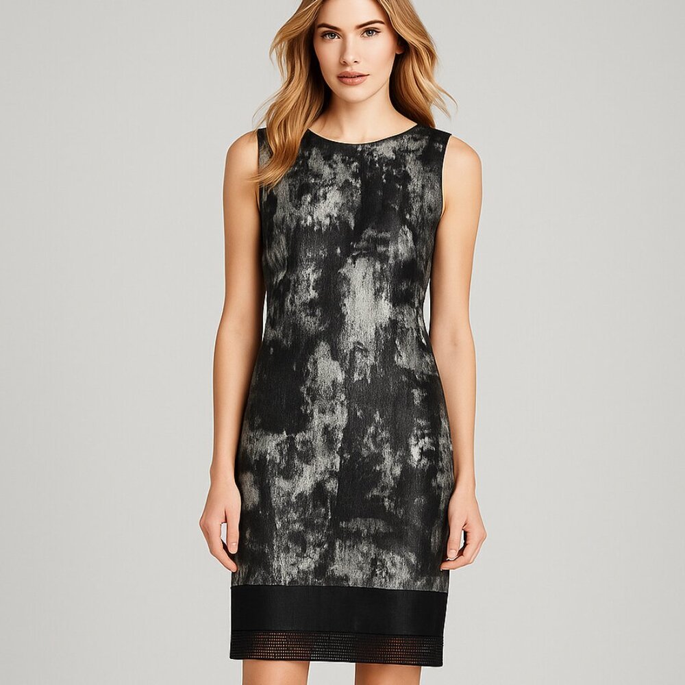 ELIE TAHARI Lamb Leather‎ Trimmed Silver and Black Abstract Sheath Dress SZ 4